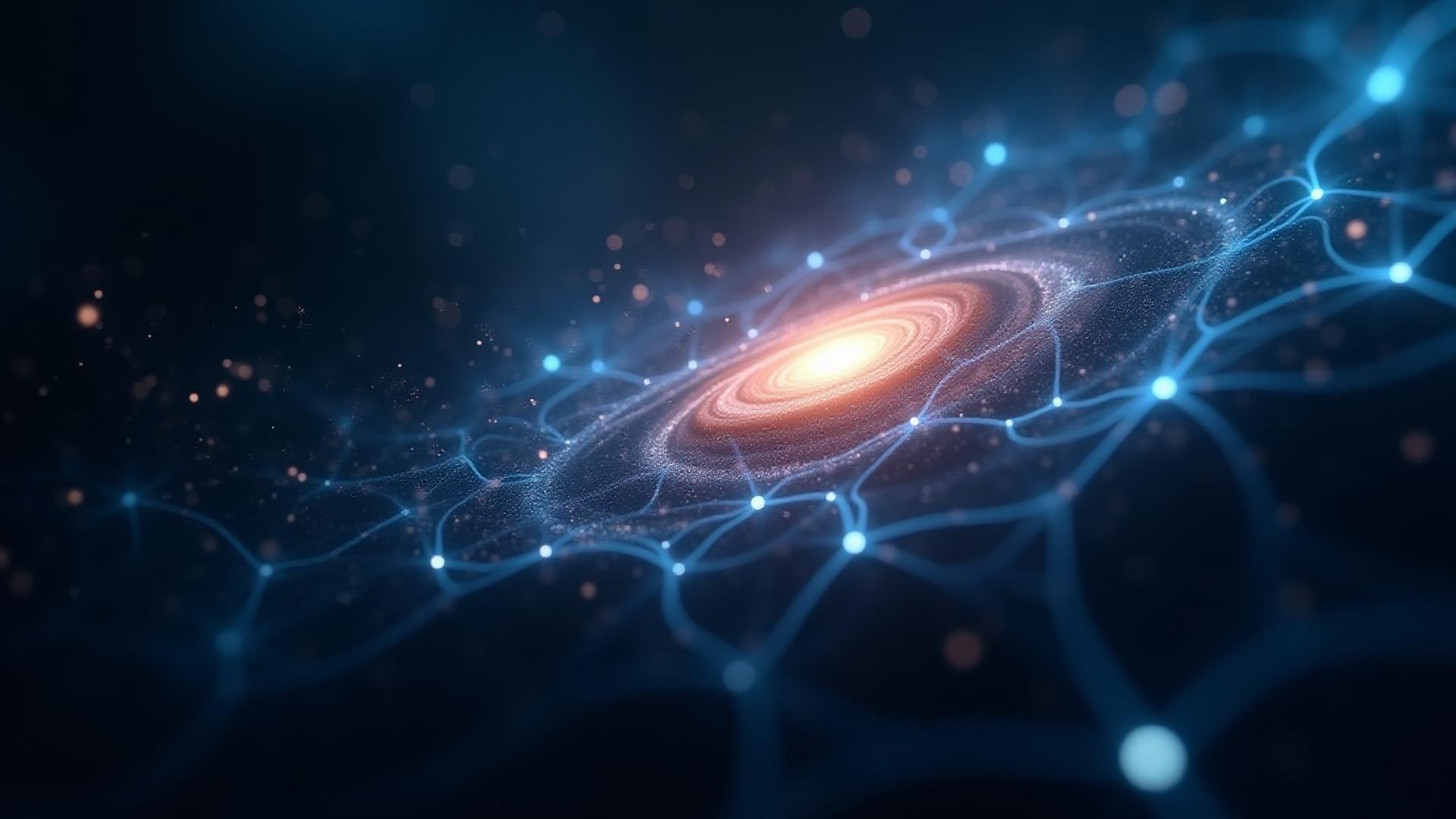 神経ネットワークと壮大な宇宙の融合を抽象的に表現した背景