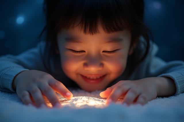 点字で月のクレーターに触れ、優しい笑顔を浮かべる視覚障害を持つ子供