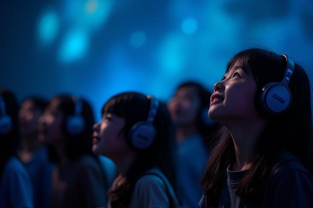 音響モデルを使用して惑星間の距離と大きさを体感している子供