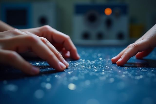 触れる点字星座図のクローズアップ、指が星の突起をたどっている様子