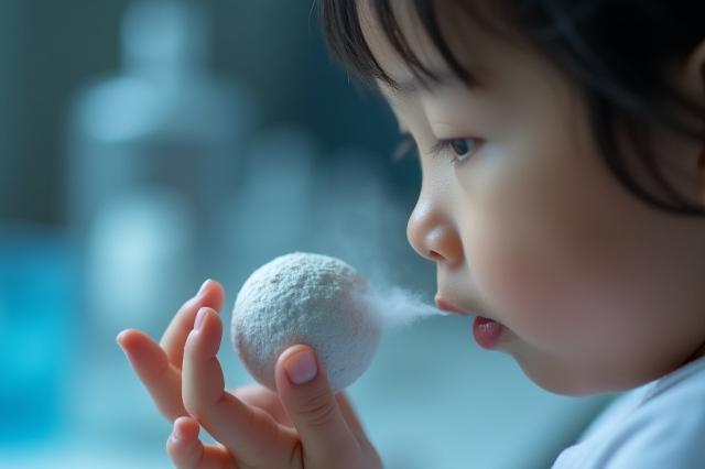 香りを嗅ぎ、興奮した表情の子供と、安全な香料でできた彗星モデル