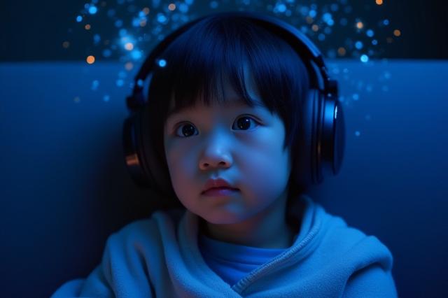 ヘッドフォンを装着し、3D音響で星を探索している子供