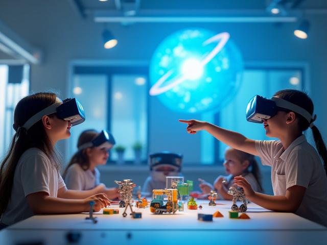 学校でVR宇宙体験をする子供たち