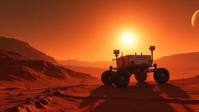 火星探査機のロボットアームが赤い砂漠に着陸する様子