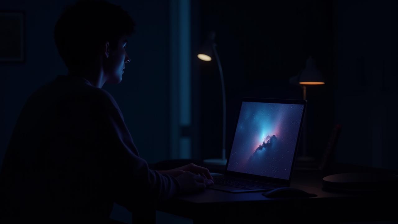 自宅の書斎でノートPCを前に宇宙の講義に没頭する人物。画面にはジェイムズ・ウェッブ宇宙望遠鏡が捉えた荘厳な銀河の画像が映し出されている。