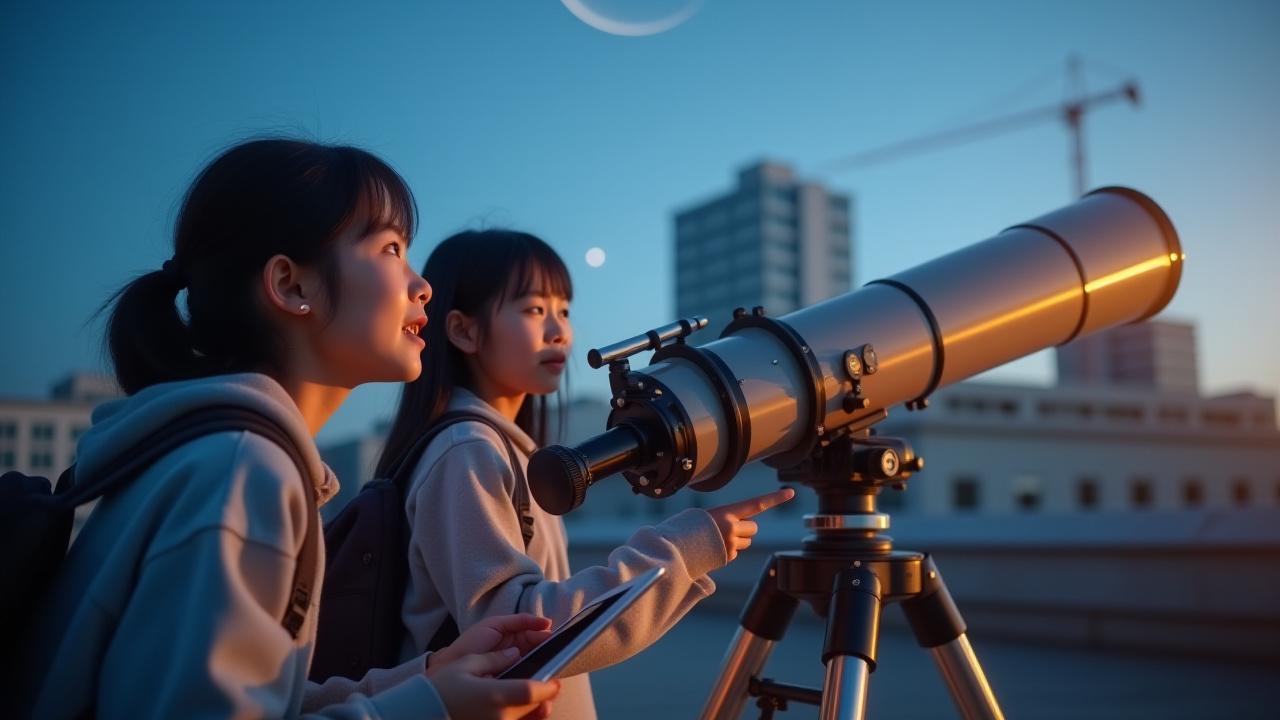 杉並区立星空中学校の生徒たちがGinga ManabiのSTEMプログラムで望遠鏡を覗き込んでいる様子