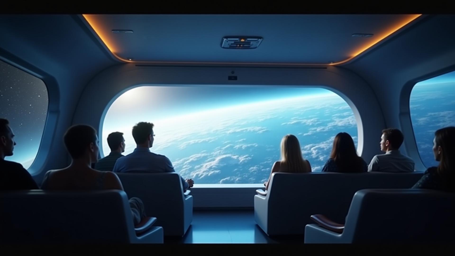 地球を背景に未来的な宇宙観光船の窓から宇宙空間を眺める乗客