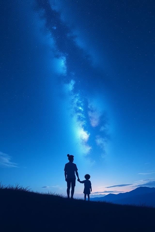 満点の星空の下で親子が手をつなぐシルエット