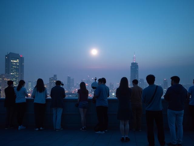 都会の屋上から望遠鏡で月を観測する参加者たち