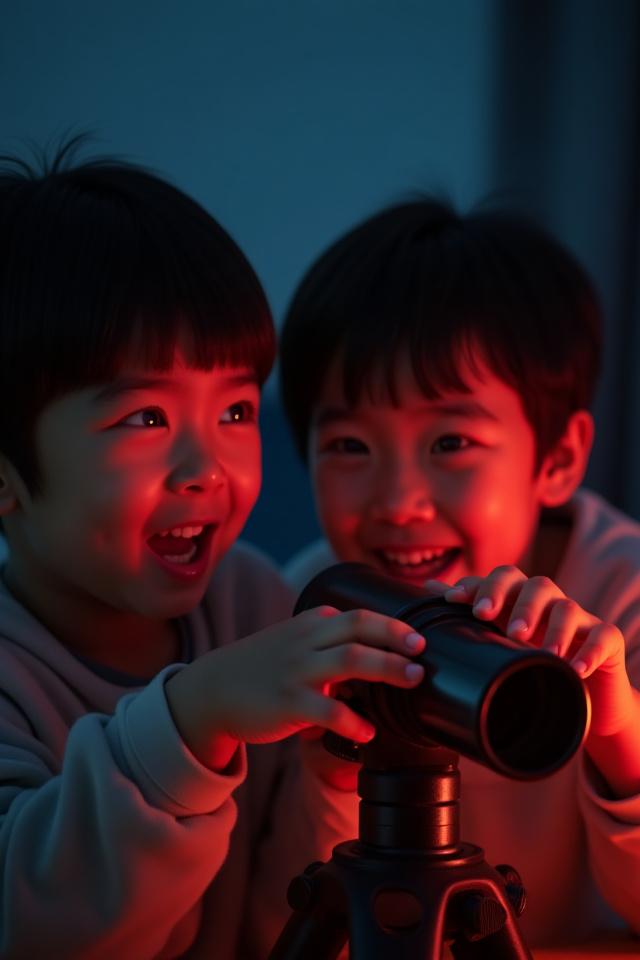 子供たちが興奮した様子で望遠鏡を操作している