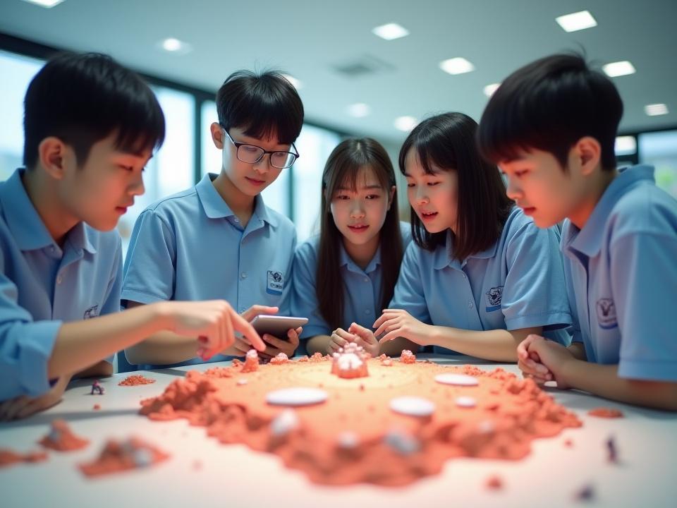 火星移住計画のジオラマを囲む高校生たち