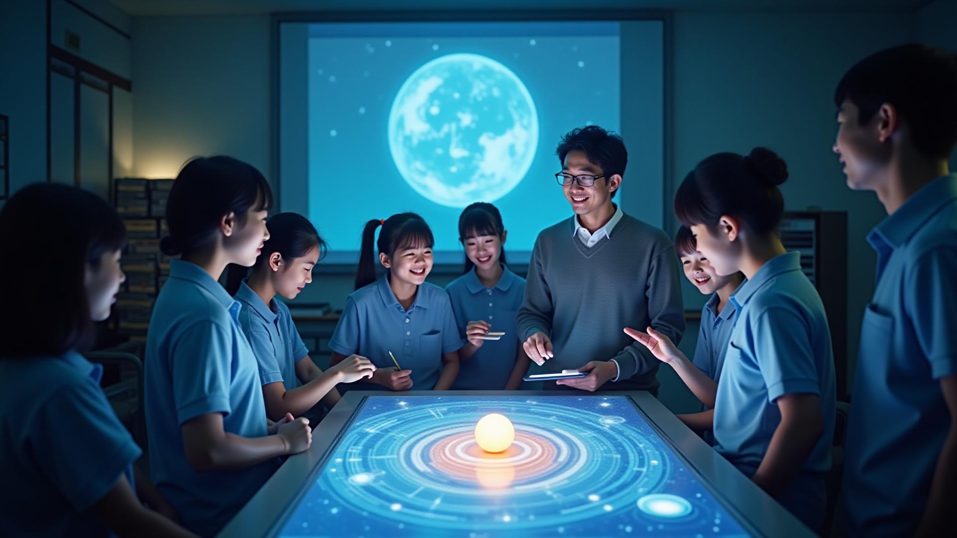 望遠鏡を覗く生徒たち