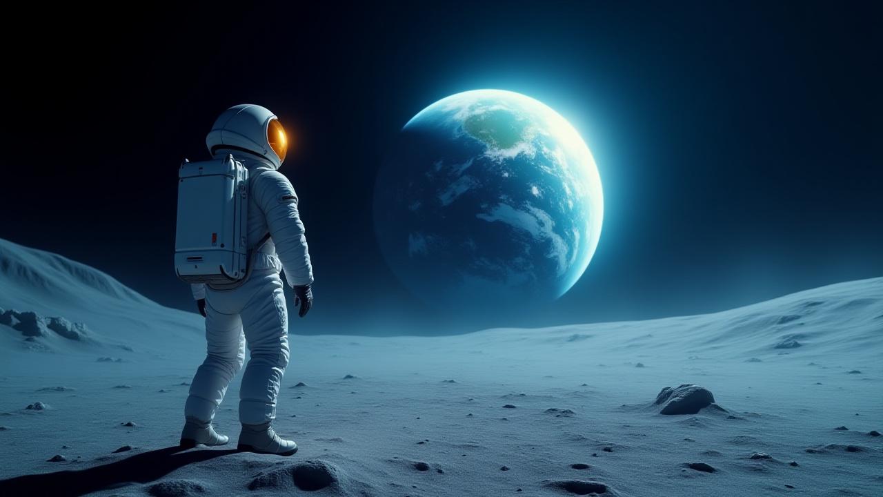 月面で地球を見上げる宇宙飛行士